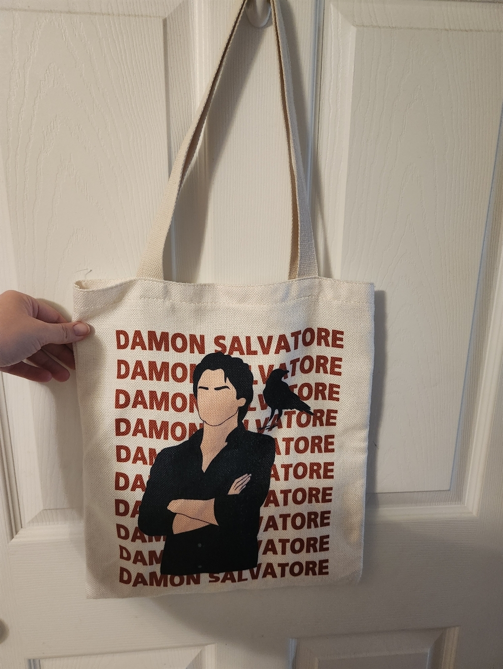 Damon Salvatore Graphic Canvas Tote Bag in Cream